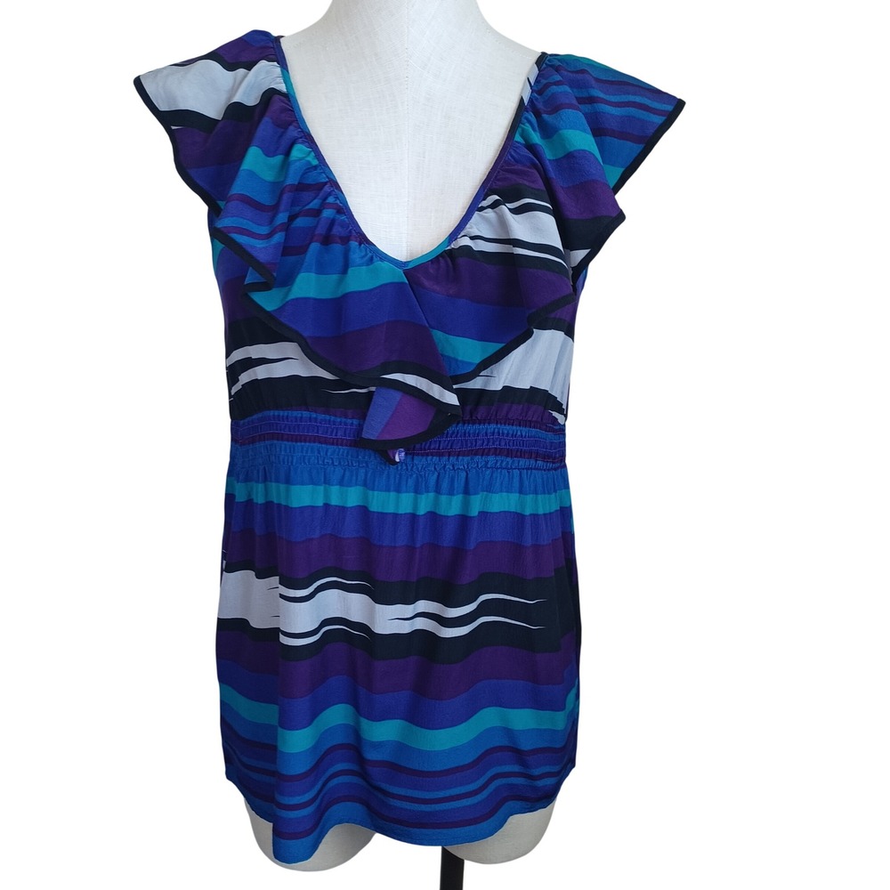 Yumi Kim Silk Ruffled V-Neck Smocked Waist Striped Blouse Blue Purple Small